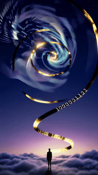 A soft twilight spiral of golden thread unfurling through a cloudy starfield. Faint binary numbers (1s and 0s) drift and dissolve in the background like fading memories. A silhouette stands still, watching the spiral rotate gently, as ripples of light pulse outward — symbolising forgotten timelines, restored balance, and the unseen hand of error correction. 